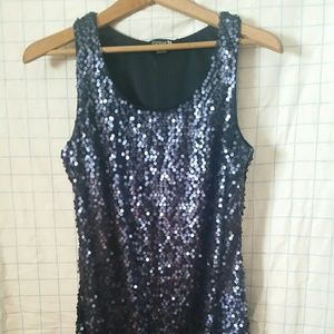 Blue sequin mini dress.